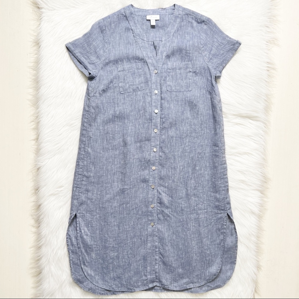 SOLD-J. Jill Blue Chambray Linen Short Sleeve Midi Shirtdress - Picture 5 of 9